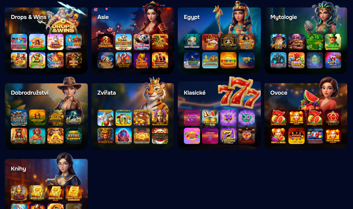 Detailní náhledy kategorií slotů domovská stránka Wizardo.