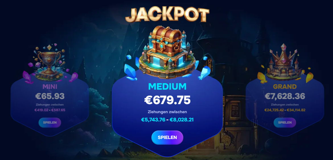 Jackpot-Level der Slots im Wizardo mit Play-Buttons und Schätzen.