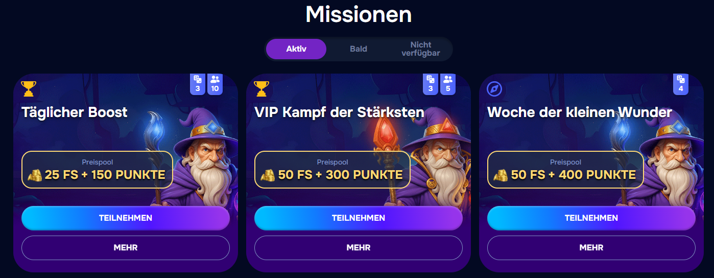 Gaming-Herausforderungen als Missionen im Wizardo mit VIP-Punktsystem.